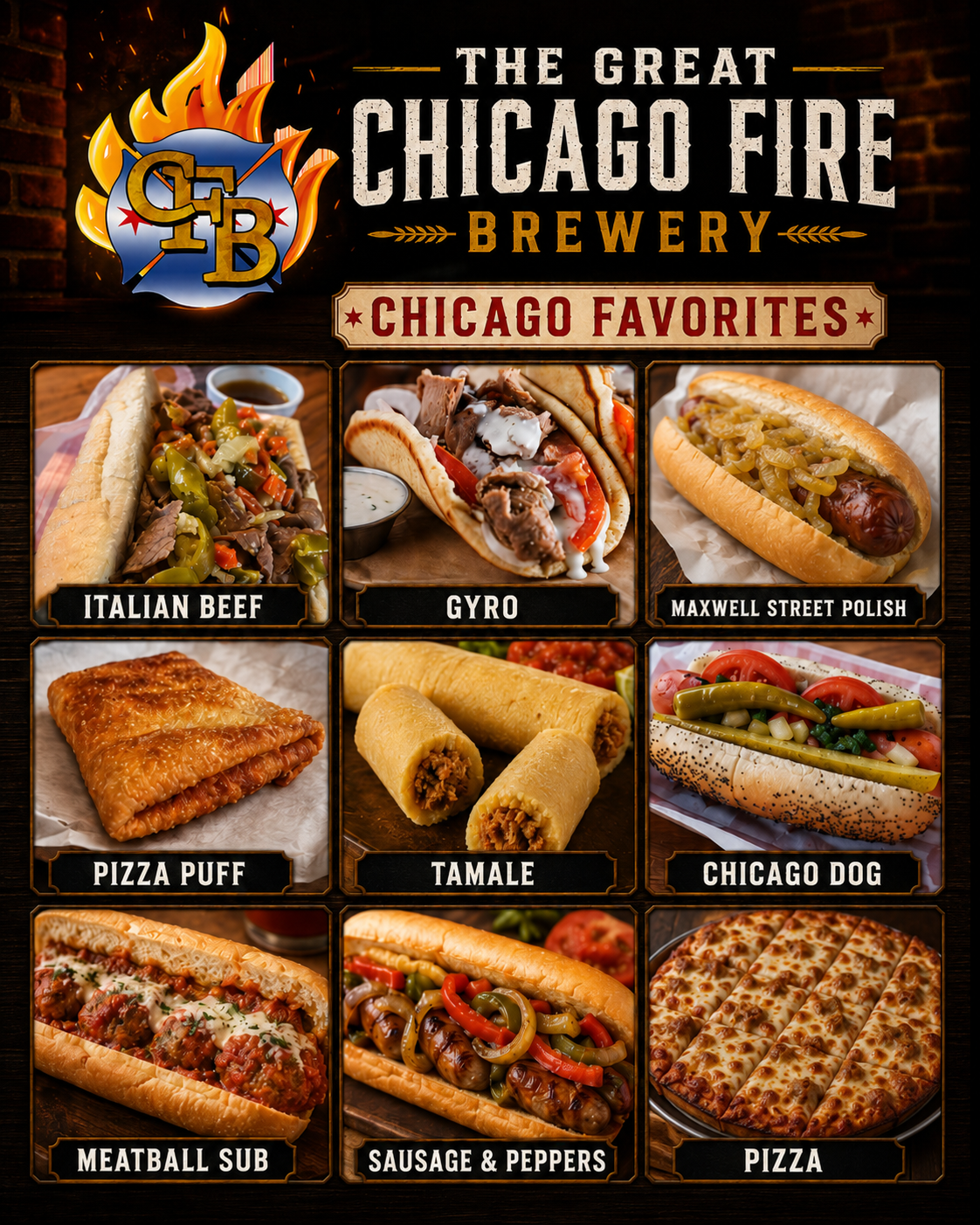 Italian beef, gyro, Maxwell Street Polish, pizza puff, tamale, Chicago dog, meatball sub, sausage and peppers, and pizza