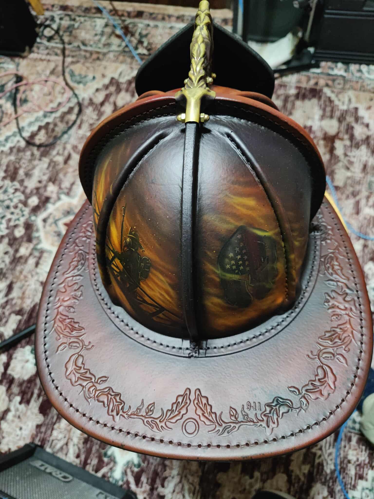 Brown leather helmet back view with memorial artwork
