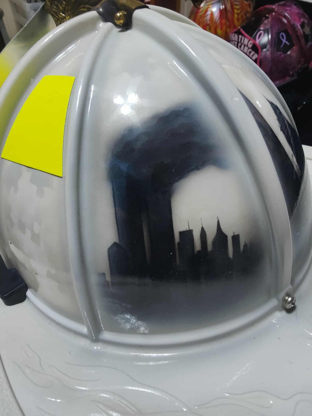 White featured helmet city skyline artwork