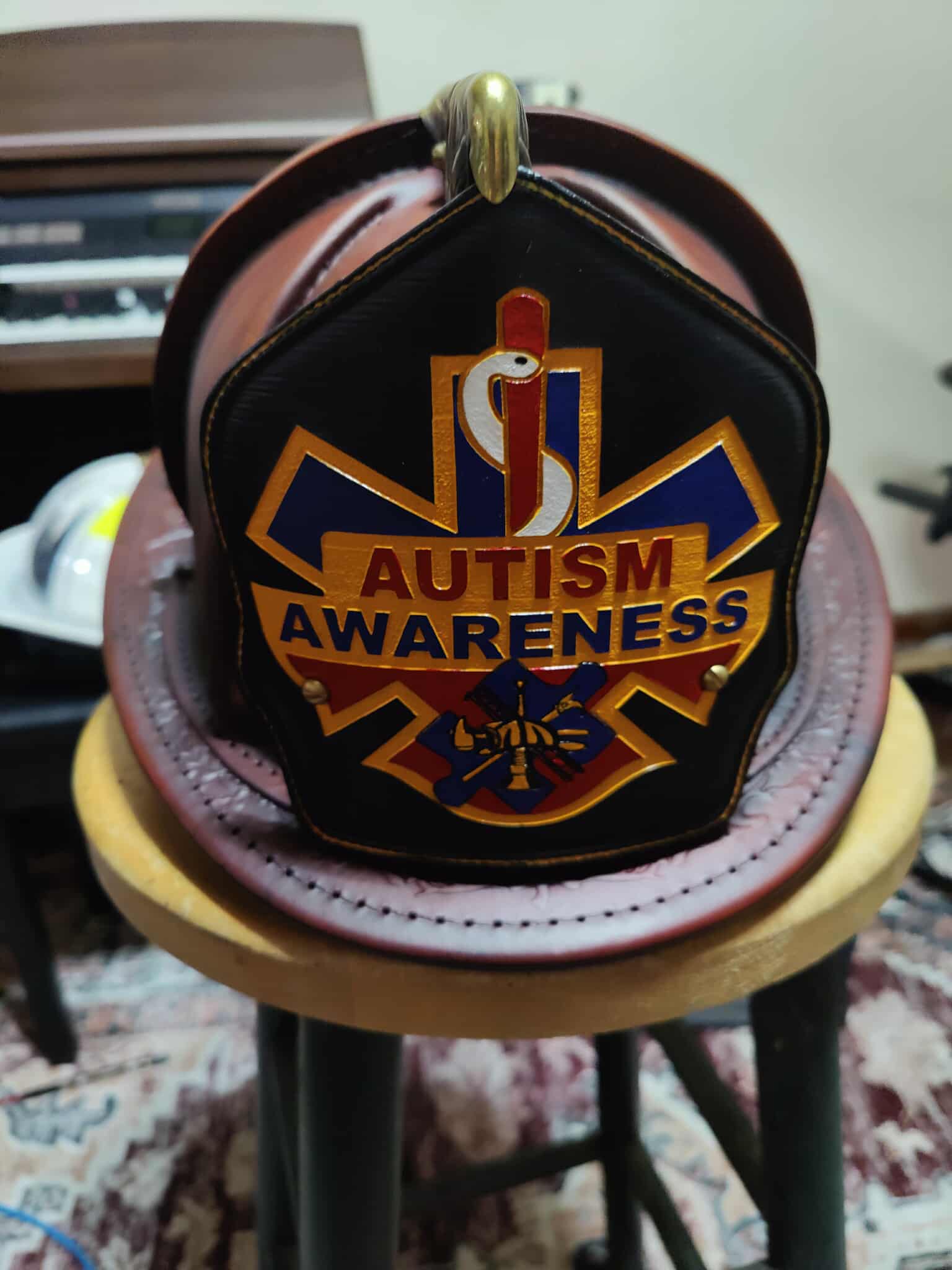 Brown leather helmet front shield view